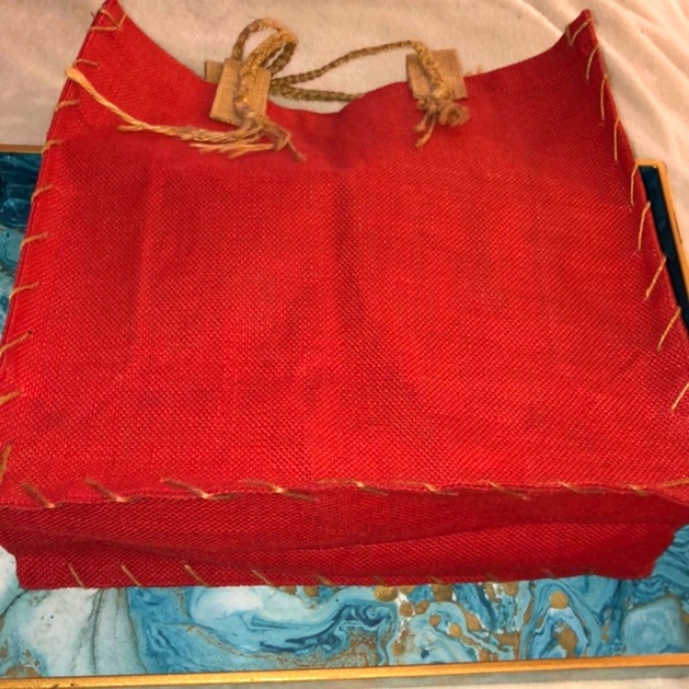 Red Burlap Beach Tote w/ Contrasting Detail